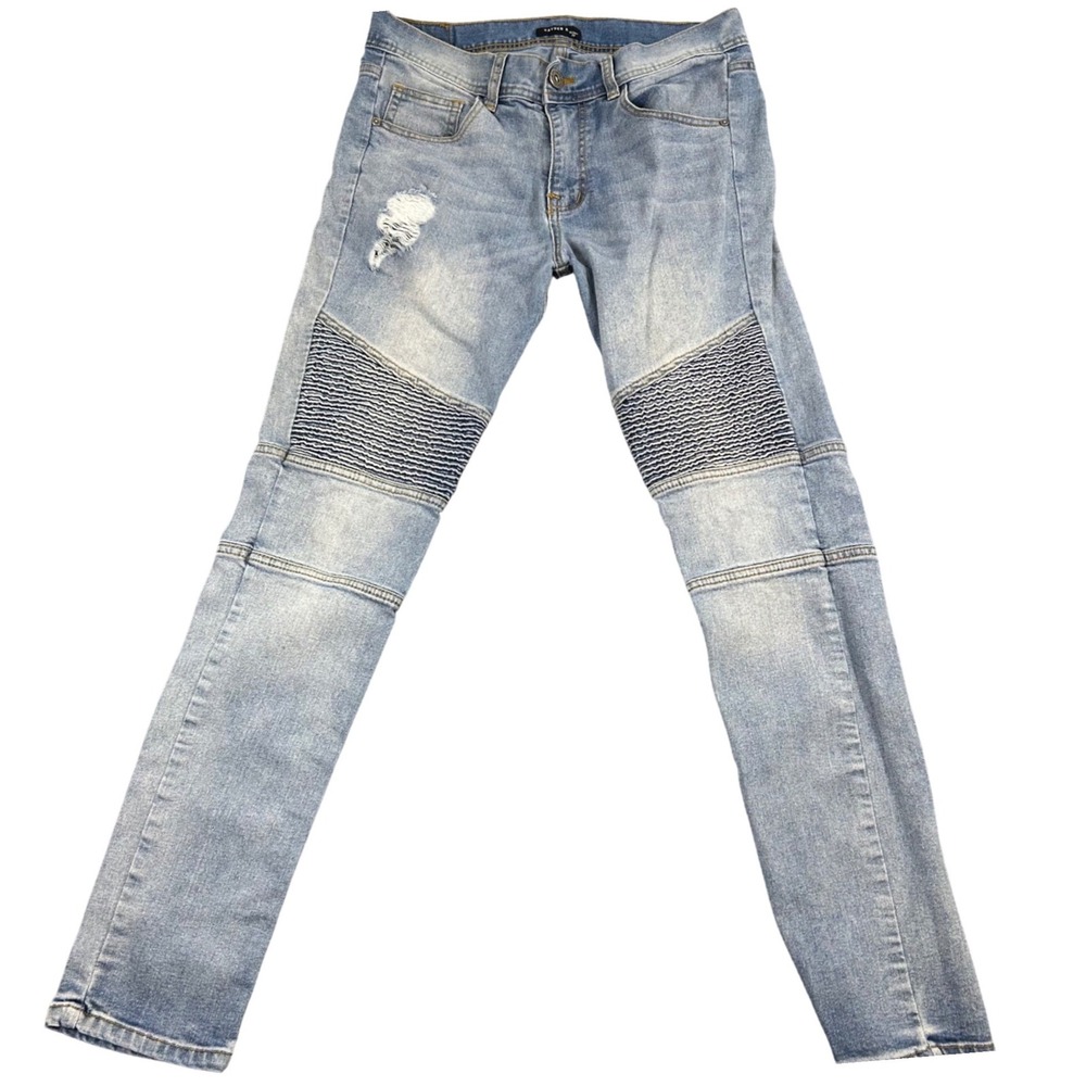 Kayden K Mens Skinny Biker Moto Jeans Light Wash Distressed Blue Size 32